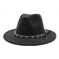 Detail of wool felt fedora featuring a gold chain and black leather bow decoration - M (56-58cm) / Black