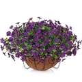 Detail of lifelike purple artificial flowers in a coconut fiber hanging basket - Purple
