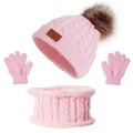 Pink winter knit set for kids featuring pom-pom hat, gloves, and warm neck scarf - Single Pom-Pom 3-Piece Set Light Pink