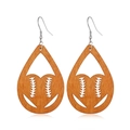 Detail of teardrop wooden earrings featuring hollow baseball stitch patterns and metal hooks - Style 29/Teardrop Baseball Stitch Hollow