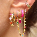 Chic gold hoop earrings with colorful zircon pendants and ear cuffs on female model - Rainbow Earring 6Pcs Set - Gold Left Ear (JQH19-2-20-11-43-5PA-58-1-W42-8-金色左耳6PCS一套) / 24K