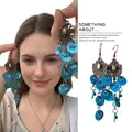 Detail of vintage bronze floral earrings with layered translucent blue charms for women - Retro Bronze Flower Blue Discs (10# Ear Hook-Lake Blue)