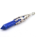 Hexagonal lapis lazuli stone pendant necklace with silver hollow flower filigree cap - Without Chain / Lapis Lazuli