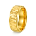 Detailed macro view of wide gold geometric textured ring with polished inner surface - US 6 / Gold