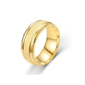 Detail view of golden wide titanium steel ring with brushed finish and geometric edges - US 6 / Gold
