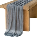 Dusty blue wrinkled cheesecloth table runner draped over a rustic wooden dining table - 90*180cm / Medium Grey
