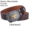Detail of western cowboy belt with embossed brown leather and silver bull head buckle - 120cm / Coffee Silver Buckle (Bull Head)