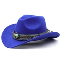 Detail view of the ethnic woven band with turquoise stone and fringe on a blue felt hat - M (56-58cm) Adjustable / 10 Royal Blue