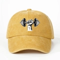 Adjustable mustard yellow washed canvas baseball cap with dumbbell fitness graphic design - Yellow