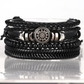 Ensemble de bracelets multicouches en cuir noir avec tresses et breloque fleur métal - Ensemble de 4 Pièces (Cuir Noir + Charme en Métal Argenté + Perles Noires) / Noir
