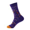 Purple mid-calf cotton socks with orange cat patterns and stretch oneself text - 911 Purple Cat