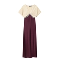 Elegant satin midi dress with cream lace V-neck and deep burgundy silk-like skirt - XS / Multicolor (Beige & Wine Red)