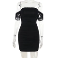 Close-up of ruched black off-shoulder bodycon dress with sheer mesh sleeves detail - S / Black