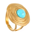 Macro detail of gold flower ring with concentric texture and blue turquoise inlay - Stainless Steel Spiral Turquoise Disk Ring (15不锈钢旋涡戒指9741)