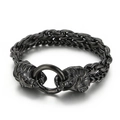 Bracciale da uomo in acciaio nero opaco con doppia testa di leone intrecciata - Nero
