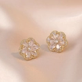 Elegant gold flower stud earrings with micro-p鑲ed cubic zirconia on champagne silk - White Flower Style (E0193)
