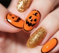 Detail van korte ovale kunstnagels met oranje pompoengezichten en gouden glitterafwerking - Halloween Pompoen Glitter Stijl (CW748)