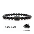 Détail du bracelet zodiaque Taureau noir mat avec perle dorée et dates 4.20-5.20 - Taureau