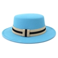 Close-up of bright lake blue wool boater hat with a striped beige and black woven band - One Size 58cm Circumference / Lake Blue