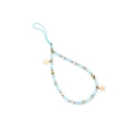 Close-up of light blue beads and golden star charms on a handmade beaded phone wrist strap - Light Blue Faceted Bead Star Style