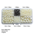 Detail view of 4-10mm faux pearl bead set with metal fasteners in a plastic storage box - 600 Pcs/Box / Beige (With Rivets)