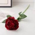 Realistic artificial deep red rose branch with lush petals and green leaves - Single Head / Red