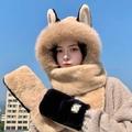 Plush 3-in-1 hat scarf gloves set with cute cat ears in khaki and black colors - Fire Fox 3-piece Set - Khaki