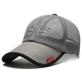 Grey breathable mesh baseball cap for men featuring a 3D embossed logo and red side label - Light Gray