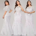 Elegant white plus size evening gown with silver sequins, mesh fabric and fisheye tail design - US size 2 / Off-White