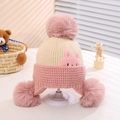 Cappello invernale in maglia rosa e beige per bimbi con pompon e coniglietto - Taglia Unica(1-5 Anni) / Coniglio Rosa