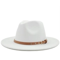 White wool fedora hat with a brown leather belt buckle and gold studs on a white background - White