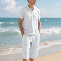 Completo polo e pantaloncini in lino bianco da uomo per una vacanza rilassante in spiaggia - Taglia S / Top E Pantaloni / Bianco