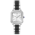 Montre carrée argentée avec bracelet céramique noir, chiffres romains et cristaux - Noir