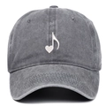 Detail view of washed gray cotton baseball cap with embroidered heart music note design - Gray