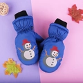 Blue waterproof winter mittens for kids featuring a cute snowman pattern and ribbed cuffs - One Size / Blue Snowman / 6-10 Years