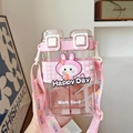 Pink dual-chamber water bottle with straw and 'Happy Day' text on adjustable strap - Pink