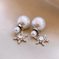 Detail view of double pearl drop earrings with sparkling snowflake zircon pendant charm - 45# Snowflake Double Pearl Silver (45# Silver Pin-Silver-White)