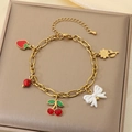 Gold chain bracelet featuring cherry strawberry and sunflower charms with extension link - Strawberry Cherry Bow Sunflower Red Bead Style(KB203462-Z)