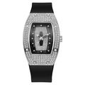 Close-up of tonneau-shaped watch dial with crystals and star-shaped accents - Black