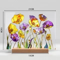 Detail of floral acrylic plaque showing 21x15cm dimensions on a wooden base stand - Style BTU421 With Large Wood Base