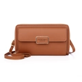 Brown textured PU leather crossbody phone bag with rectangle metal buckle and slim strap - Brown