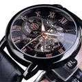 Men's vintage skeleton mechanical watch with black leather strap and rose gold numerals - Black Strap Black Dial Rose Gold Accents