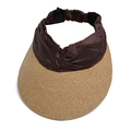Women's woven straw sun visor with dark brown satin band and elastic strap - Coffee