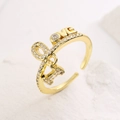 Gold plated adjustable ring with zircon LOVE letter and bowknot on white stone - Adjustable Open / 13326-LOVE Bow Knot