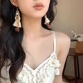 Bohemian style gold leaf earrings with beige and brown tassels worn by a model - White Coffee (5# Ear Hook-Gold)