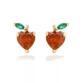 Cute apple stud earrings featuring red heart gems and green leaf gems in golden settings - Apple