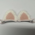 Pair of sweet white plush cat ear hair clips with pink felt inlay and silver metal base - 0405 Pink Plush Cat Ear Hair Clip Pair