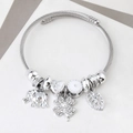 Silver beaded bracelet with elephant, heart, and clover charms on adjustable steel wire - C2-003 White