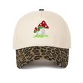 Close-up of mushroom embroidery and leopard print brim on a two-tone baseball cap - Adjustable / Leopard Print