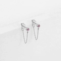 Silver-finish drop earrings with pink zircons and delicate long tassel chains - October Pink - Silver